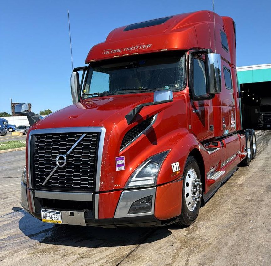 Red Volvo tractor unit, front view