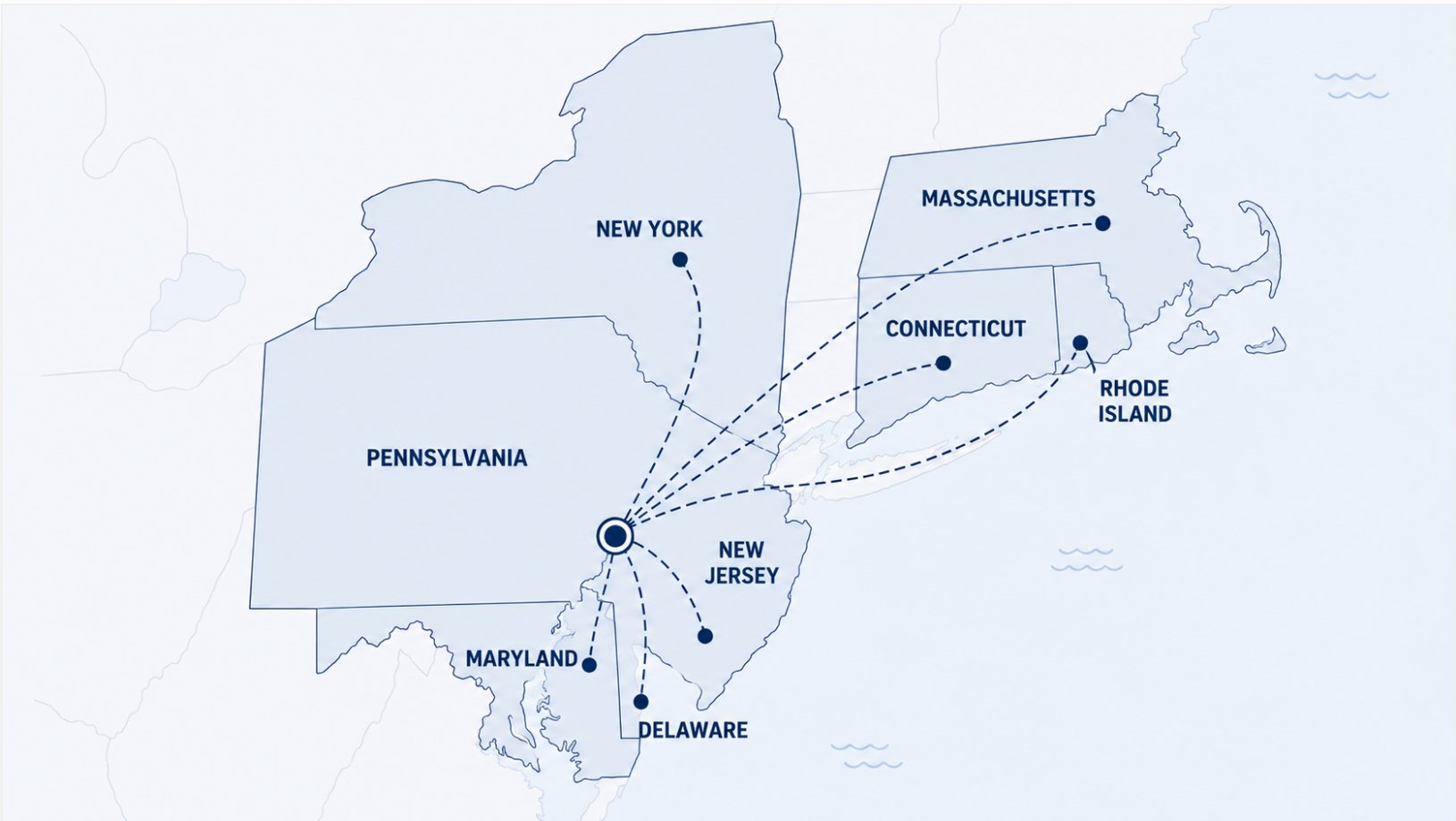 Map of the East Coast states NODIR serves from Philadelphia